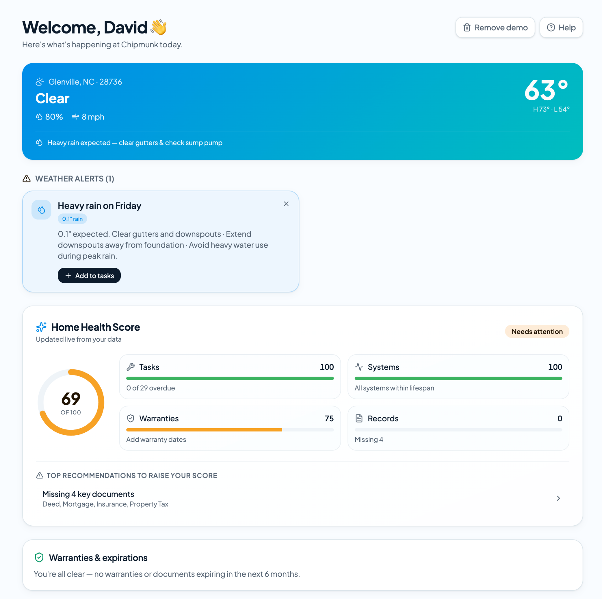 HomeKeeperPlus dashboard preview showing weather, home health score and warranties